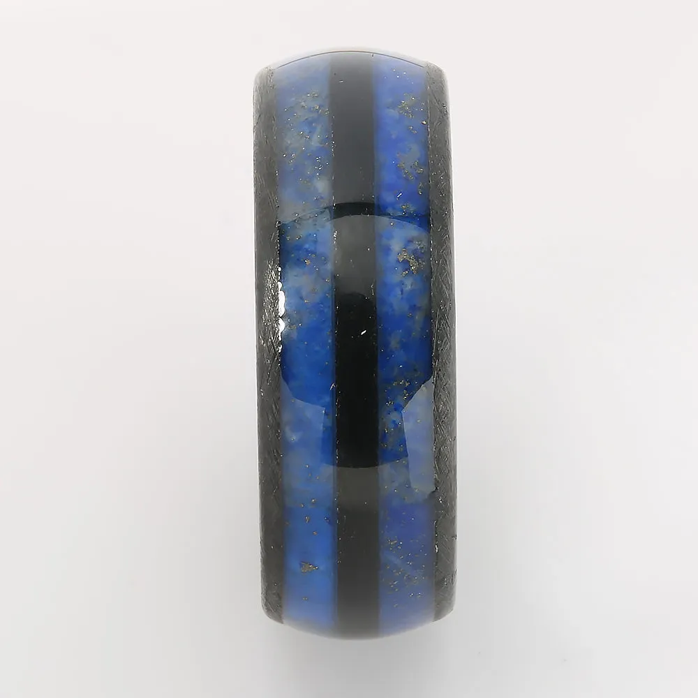 Black Tungsten Lapis Lazuli Inlaid Double Row Oval Wedding Ring 8mm
