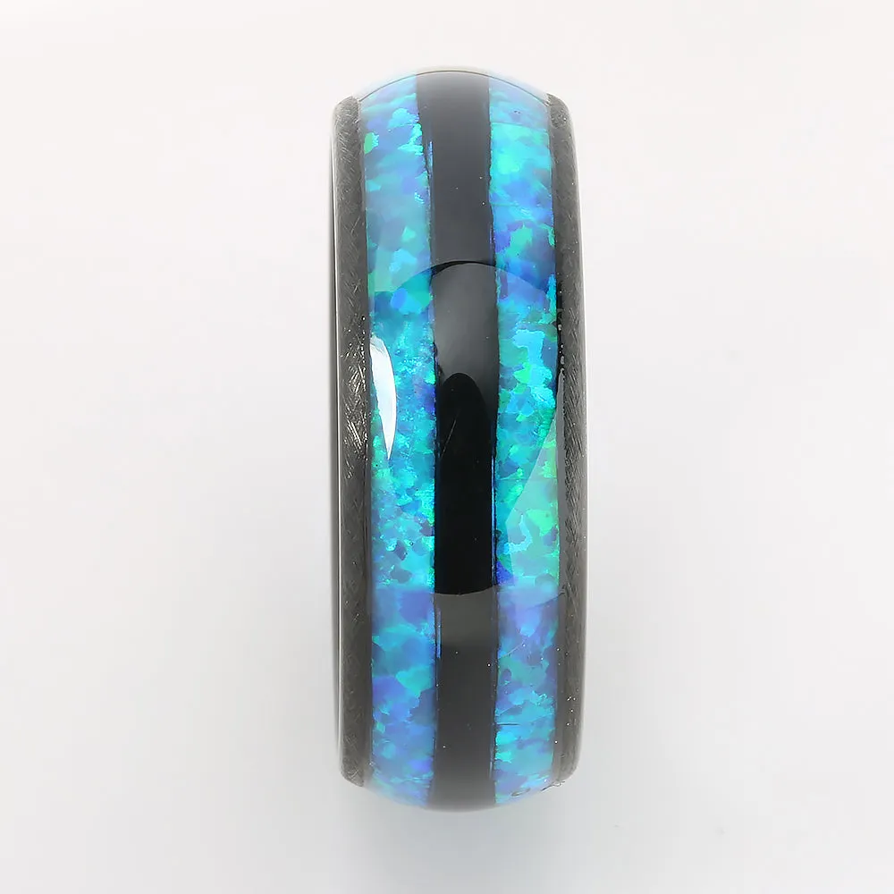 Black Tungsten Opal Inlaid Double Row Oval Wedding Ring 8mm