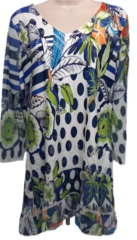 Blouse-Pullover3/4 Sleeve-Aqua Floral-Women's-12354