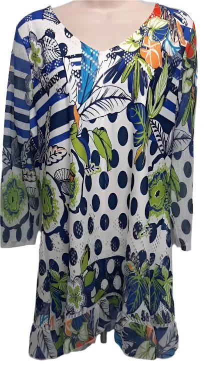 Blouse-Pullover3/4 Sleeve-Aqua Floral-Women's-12354