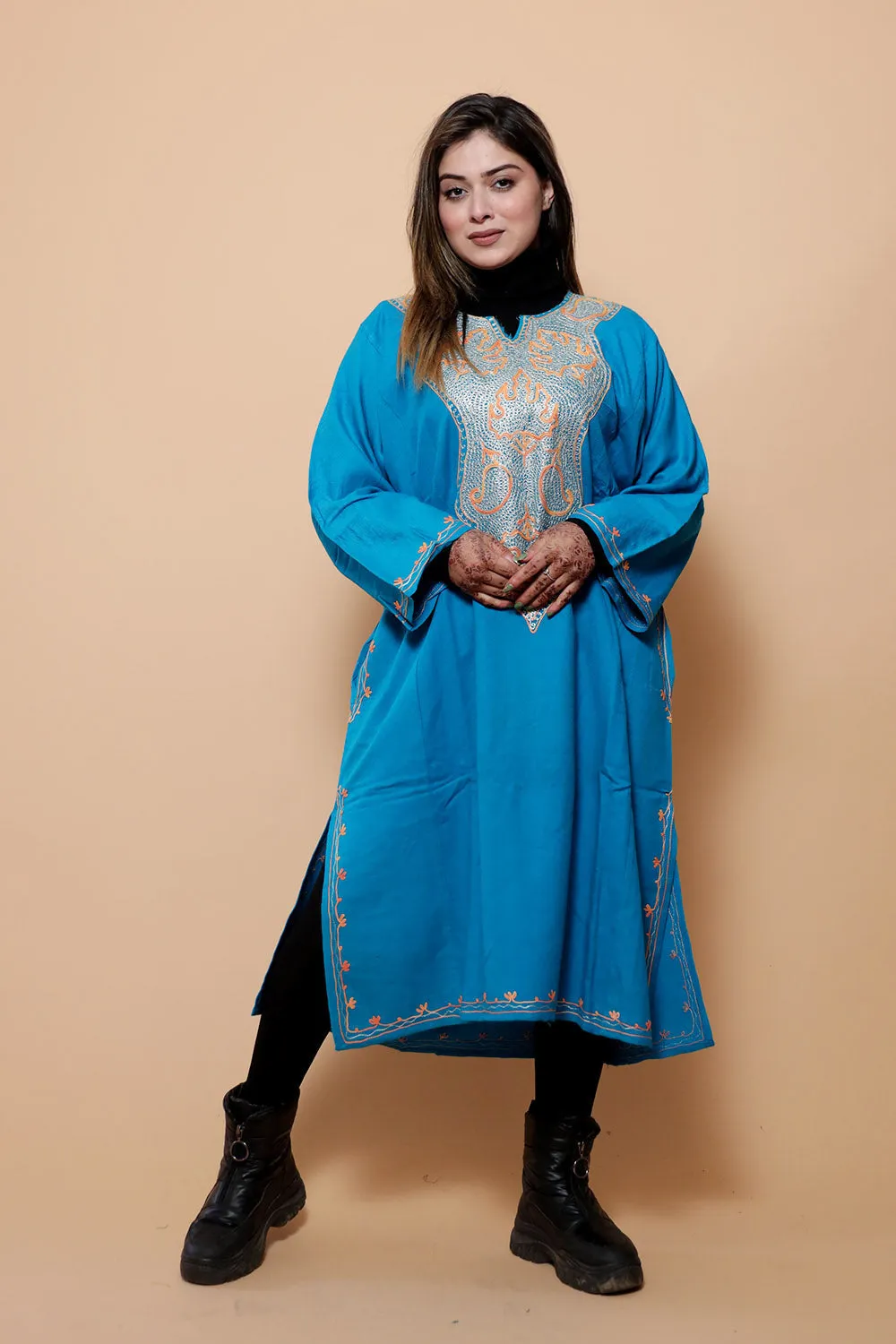 Blue Color Kashmiri  Work Embroidered Phiran Enriched With Zari Neckline Pattern