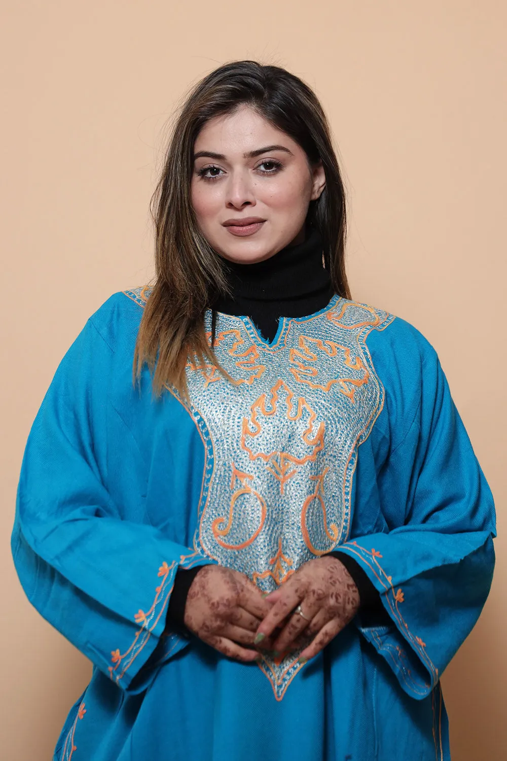 Blue Color Kashmiri  Work Embroidered Phiran Enriched With Zari Neckline Pattern