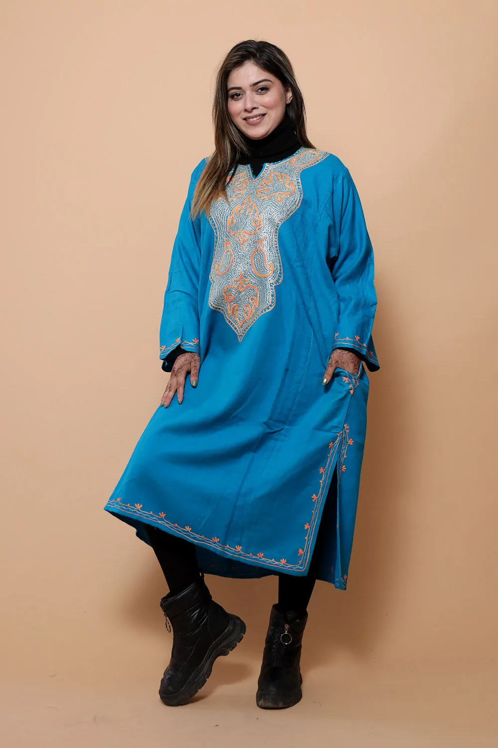 Blue Color Kashmiri  Work Embroidered Phiran Enriched With Zari Neckline Pattern