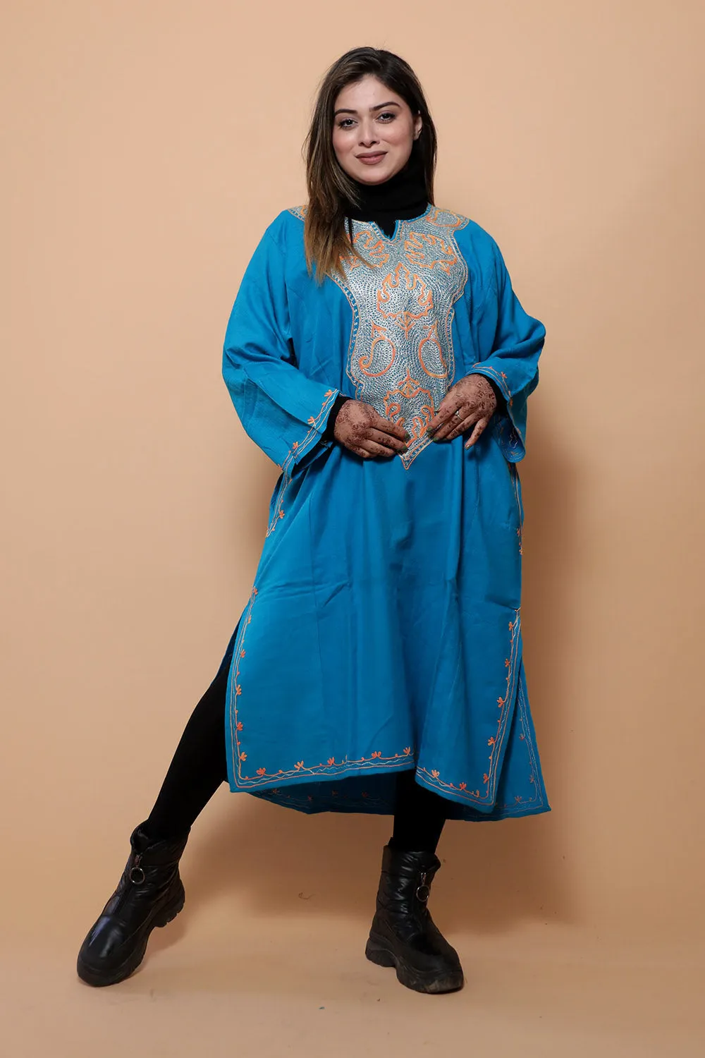 Blue Color Kashmiri  Work Embroidered Phiran Enriched With Zari Neckline Pattern