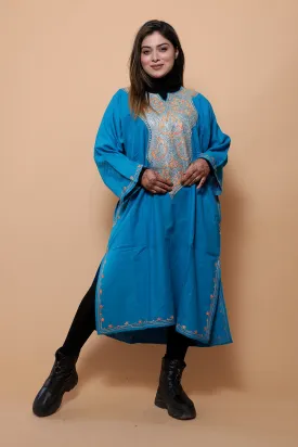 Blue Color Kashmiri  Work Embroidered Phiran Enriched With Zari Neckline Pattern