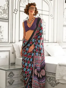 Blue Printed Satin Crepe Saree