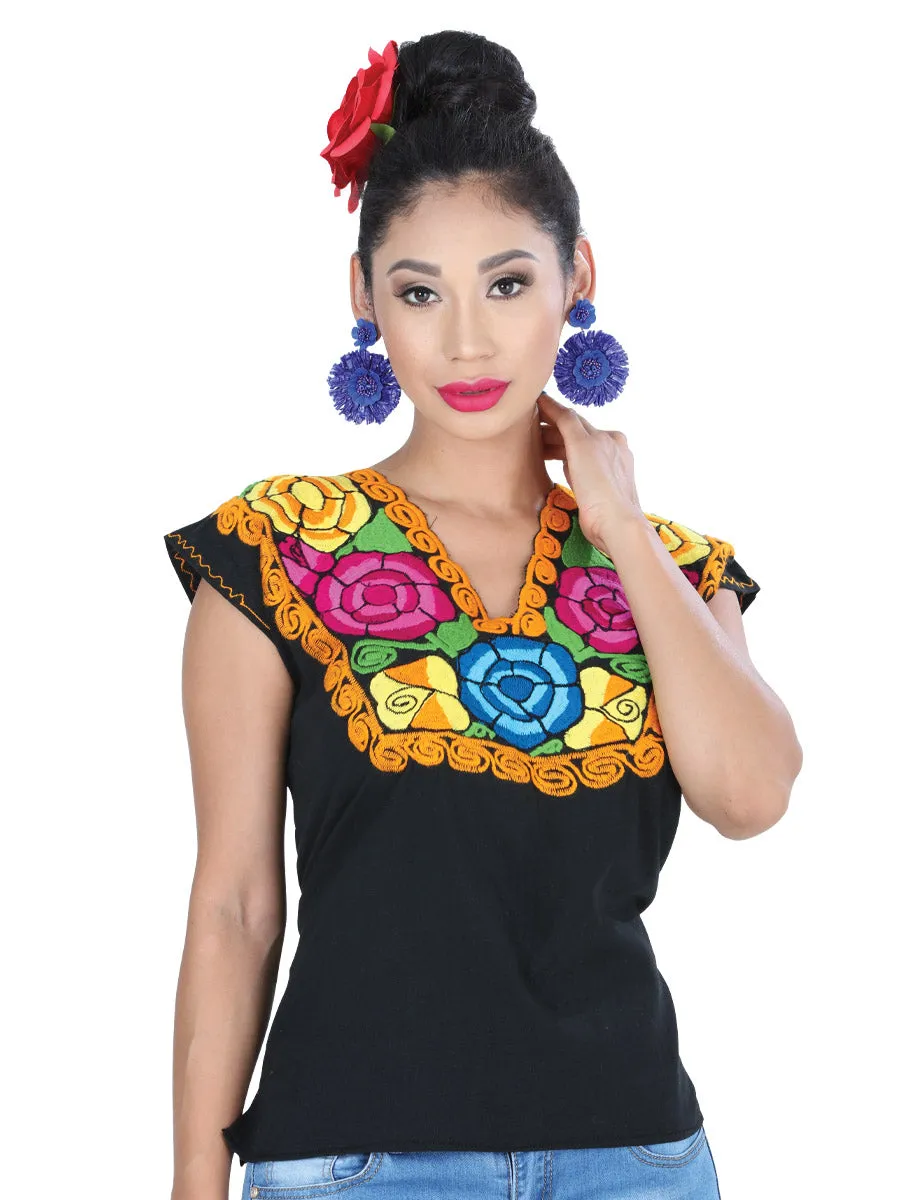 Blusa Artesanal Cuello V Bordada de Flores para Mujer