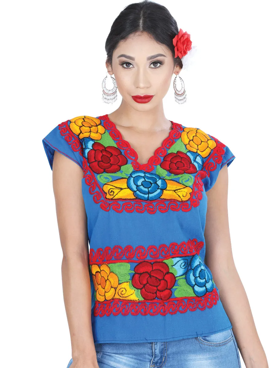 Blusa Artesanal Cuello V Bordada de Flores para Mujer