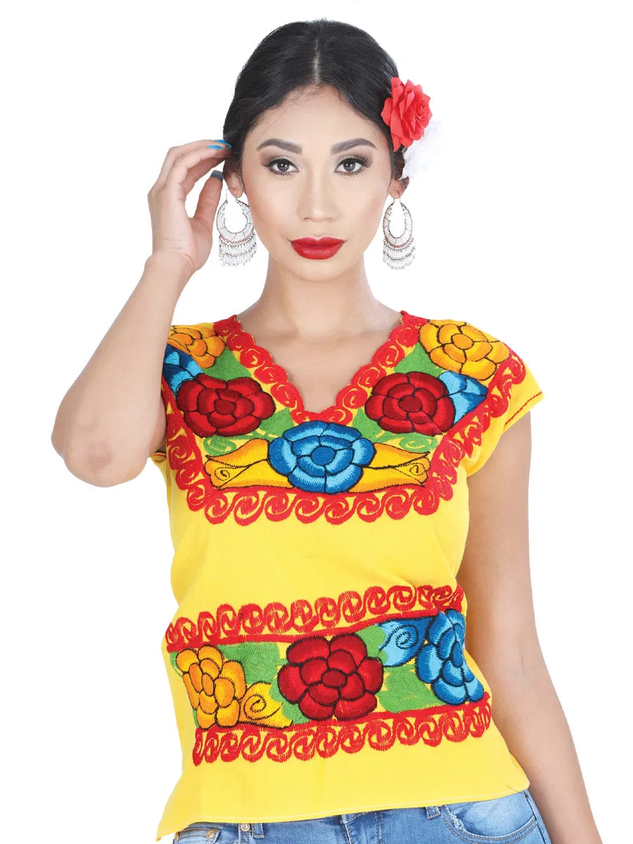 Blusa Artesanal Cuello V Bordada de Flores para Mujer