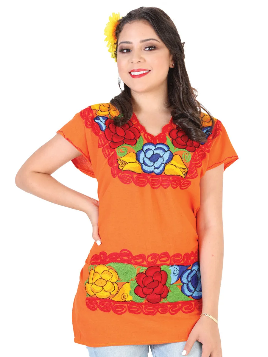 Blusa Artesanal Cuello V Bordada de Flores para Mujer
