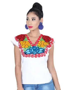 Blusa Artesanal Cuello V Bordada de Flores para Mujer
