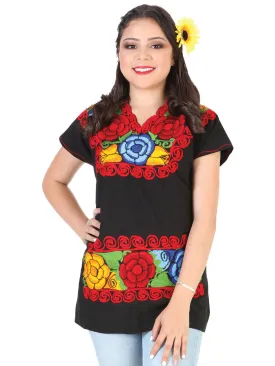 Blusa Artesanal Cuello V Bordada de Flores para Mujer