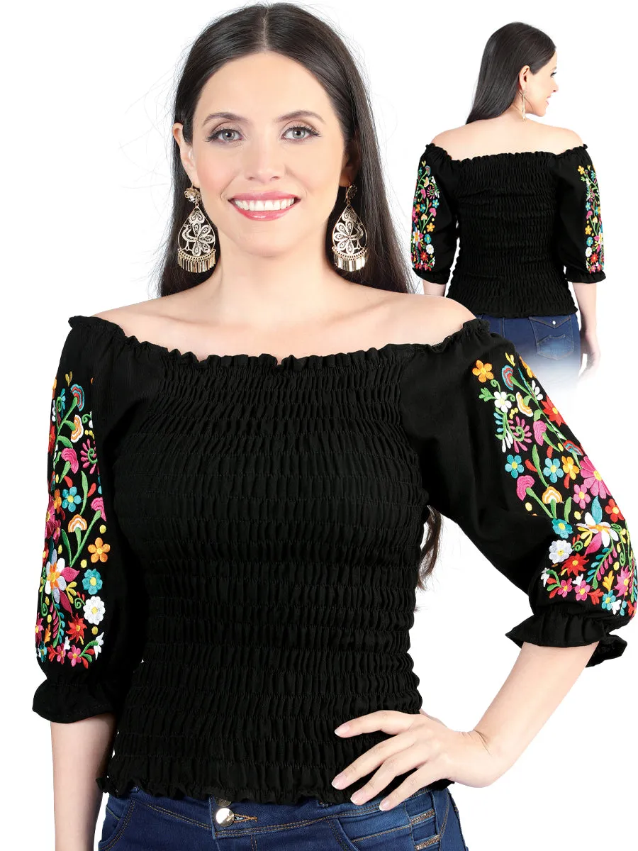 Blusa Artesanal Manga 3/4 Bordada de Flores para Mujer