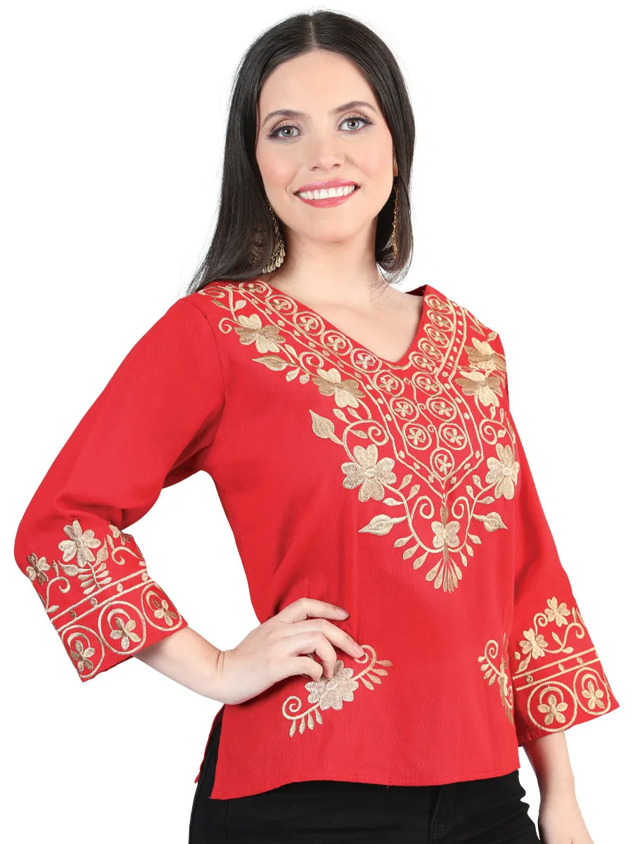 Blusa Artesanal Manga 3/4 Bordada de Flores para Mujer
