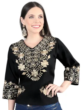 Blusa Artesanal Manga 3/4 Bordada de Flores para Mujer