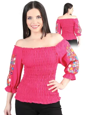 Blusa Artesanal Manga 3/4 Bordada de Flores para Mujer