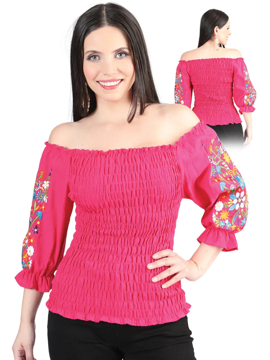 Blusa Artesanal Manga 3/4 Bordada de Flores para Mujer