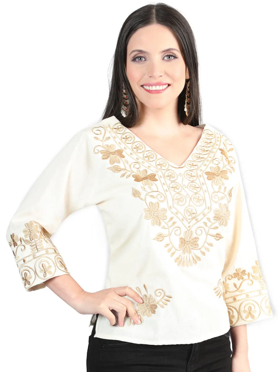 Blusa Artesanal Manga 3/4 Bordada de Flores para Mujer