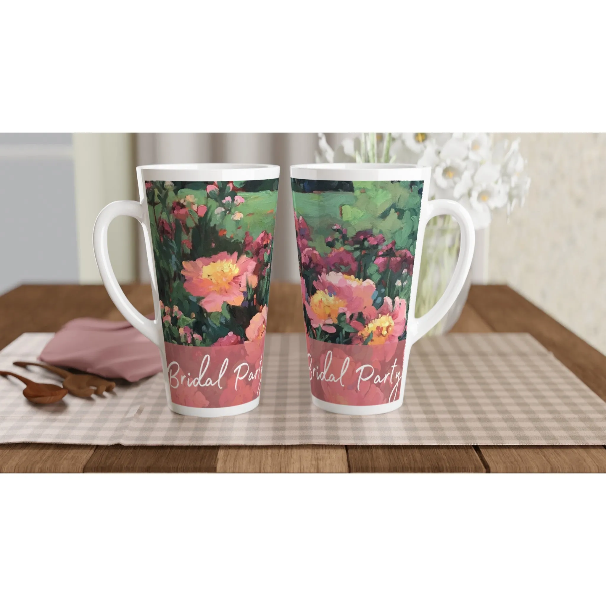 'Bridal Party' 17oz White Ceramic Latte Mug | Bridal Collection with 'Pink Princess' Artwork by American Artist Barbara Cleary