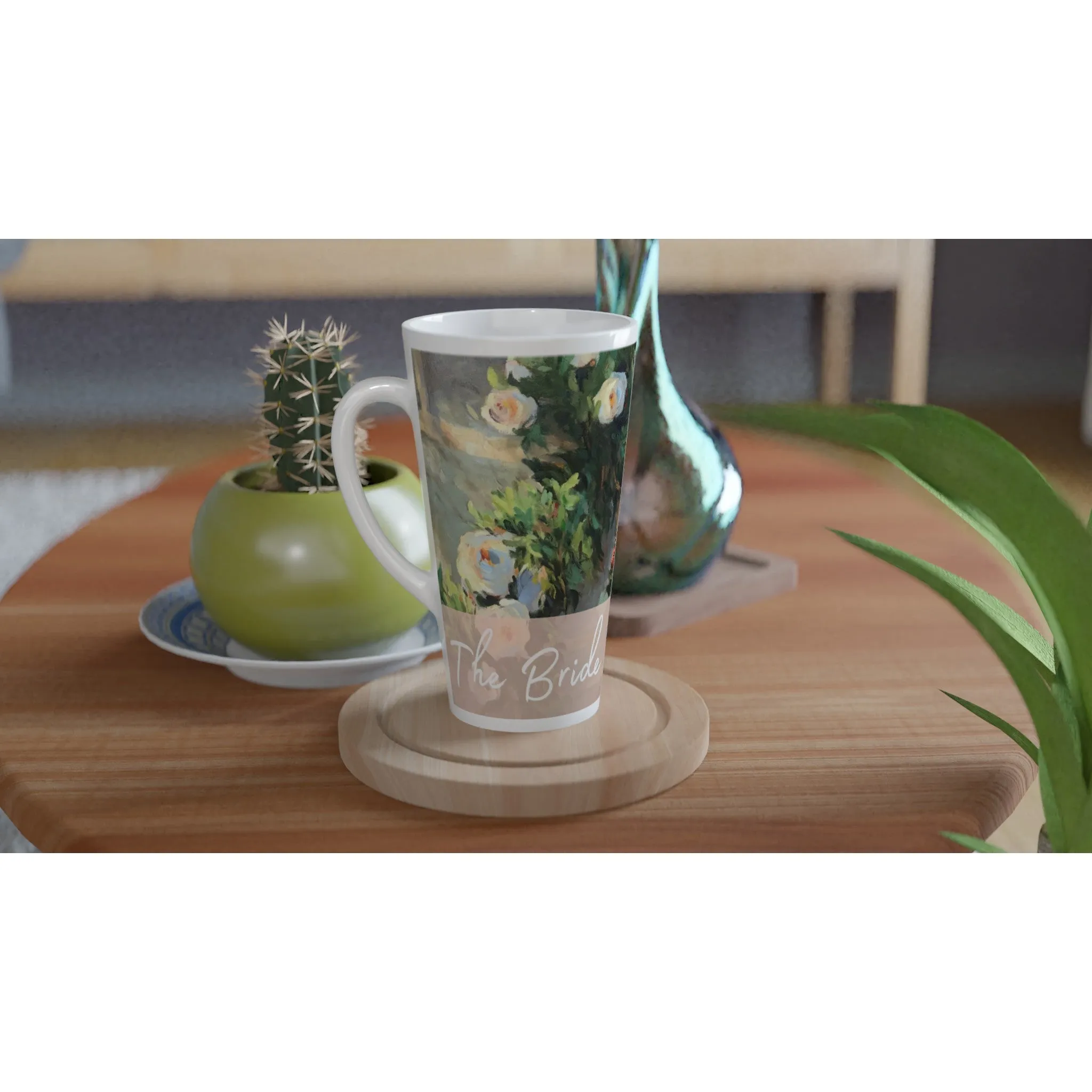 'Bride' 17oz White Ceramic Latte Mug | Bridal Collection with 'White Roses' Artwork by American Artist Barbara Cleary