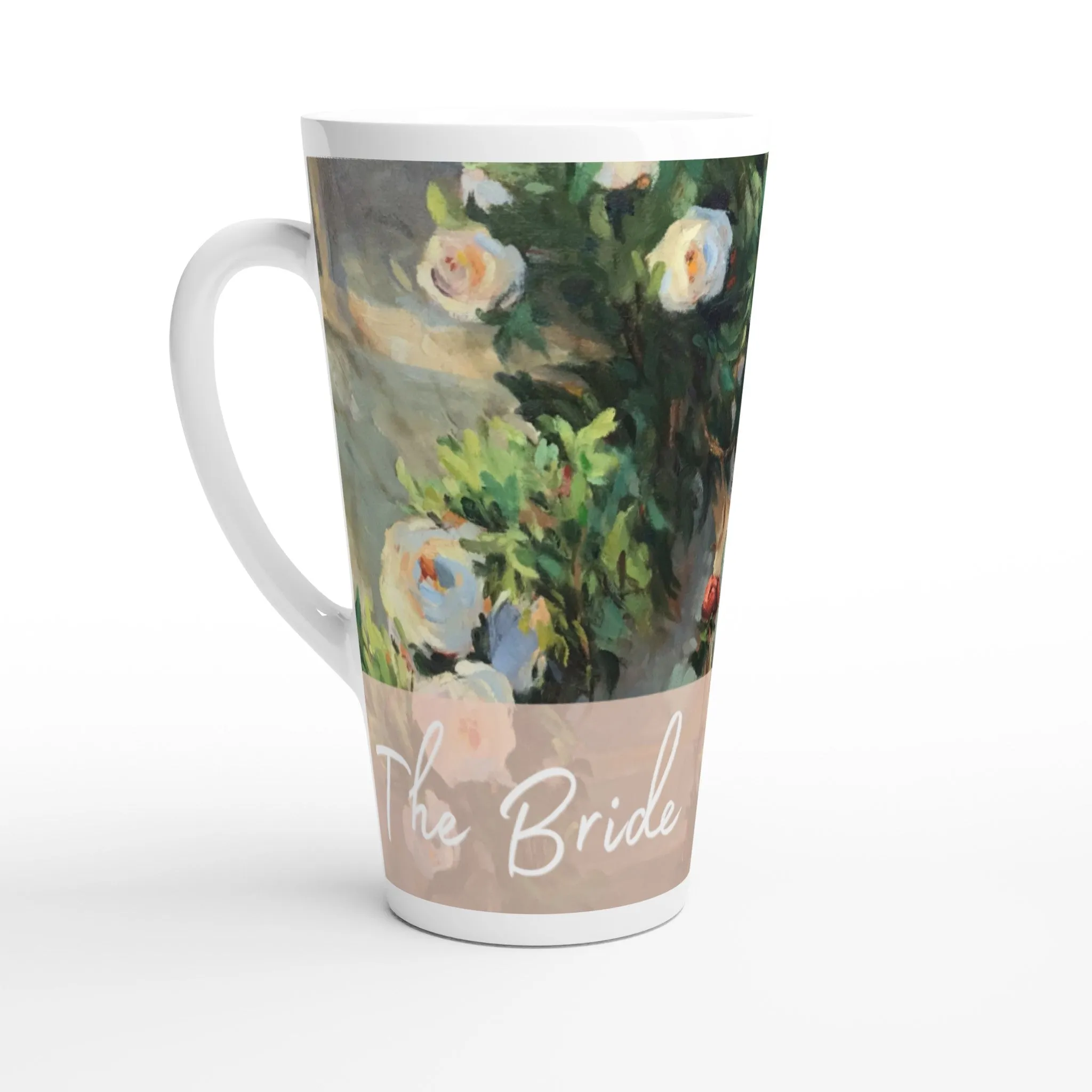 'Bride' 17oz White Ceramic Latte Mug | Bridal Collection with 'White Roses' Artwork by American Artist Barbara Cleary