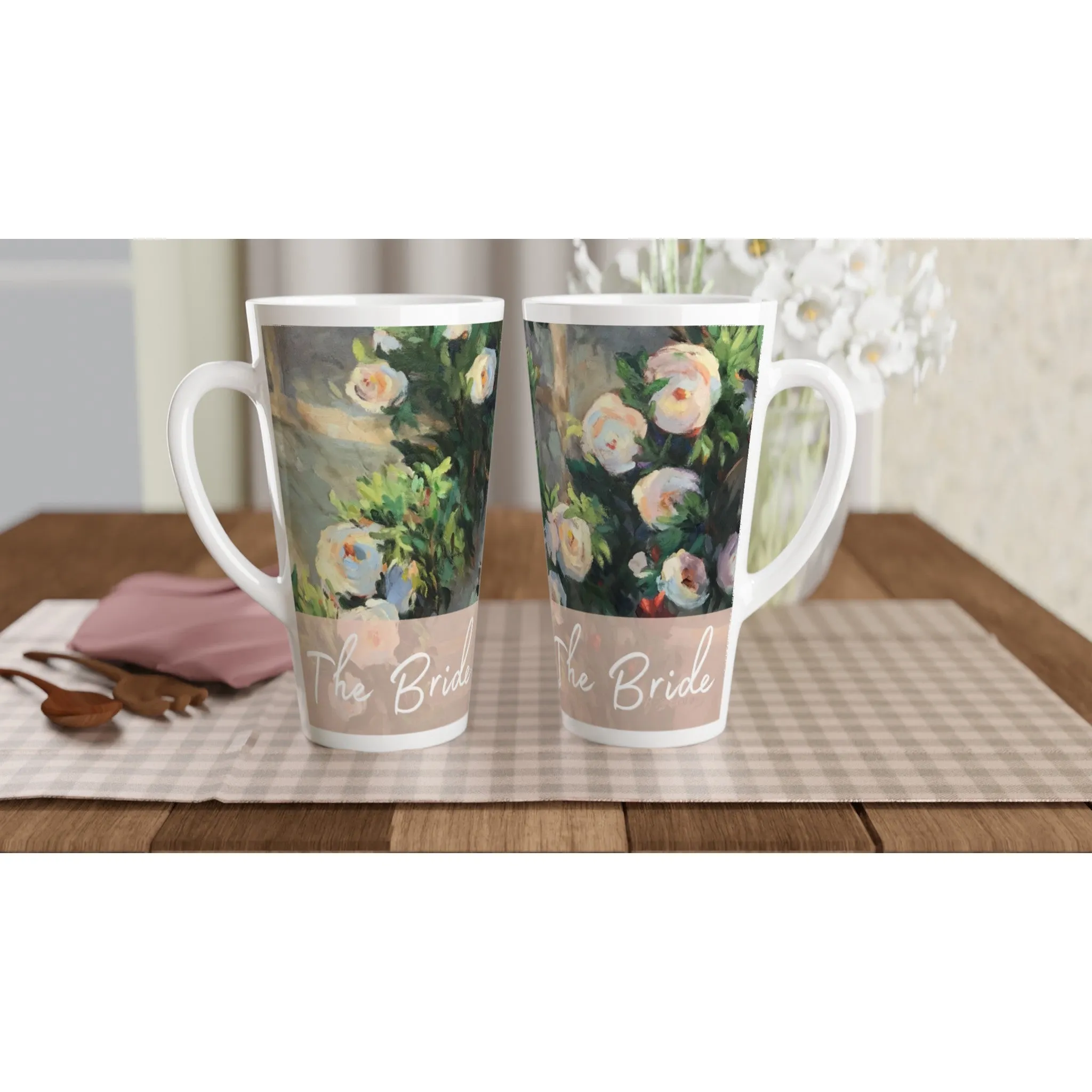'Bride' 17oz White Ceramic Latte Mug | Bridal Collection with 'White Roses' Artwork by American Artist Barbara Cleary
