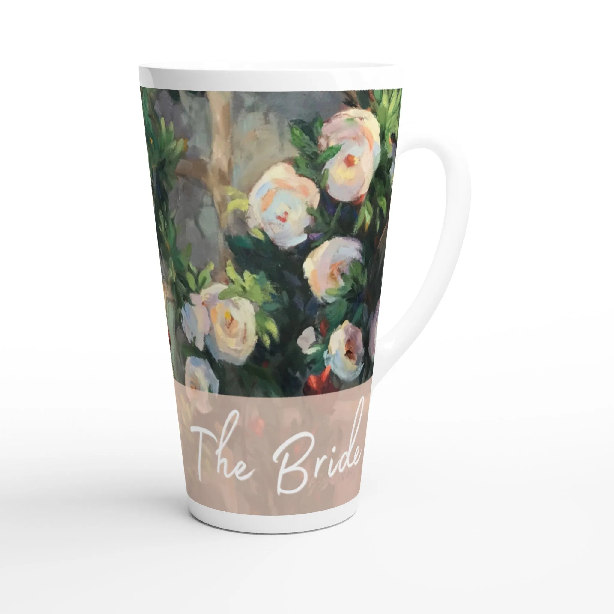 'Bride' 17oz White Ceramic Latte Mug | Bridal Collection with 'White Roses' Artwork by American Artist Barbara Cleary