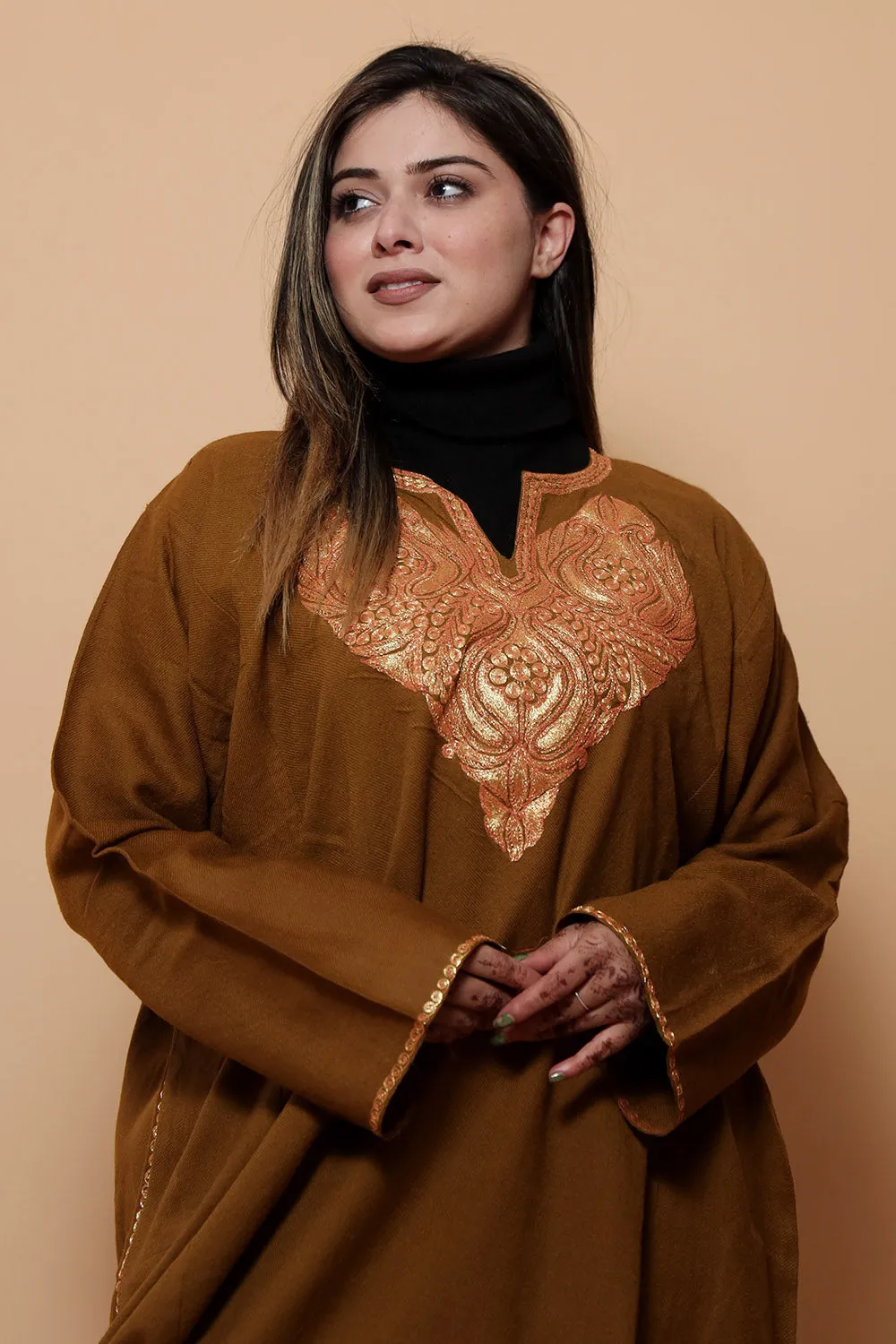 Brown  Color Kashmiri  Work Embroidered Phiran Enriched With Zari Neckline Pattern