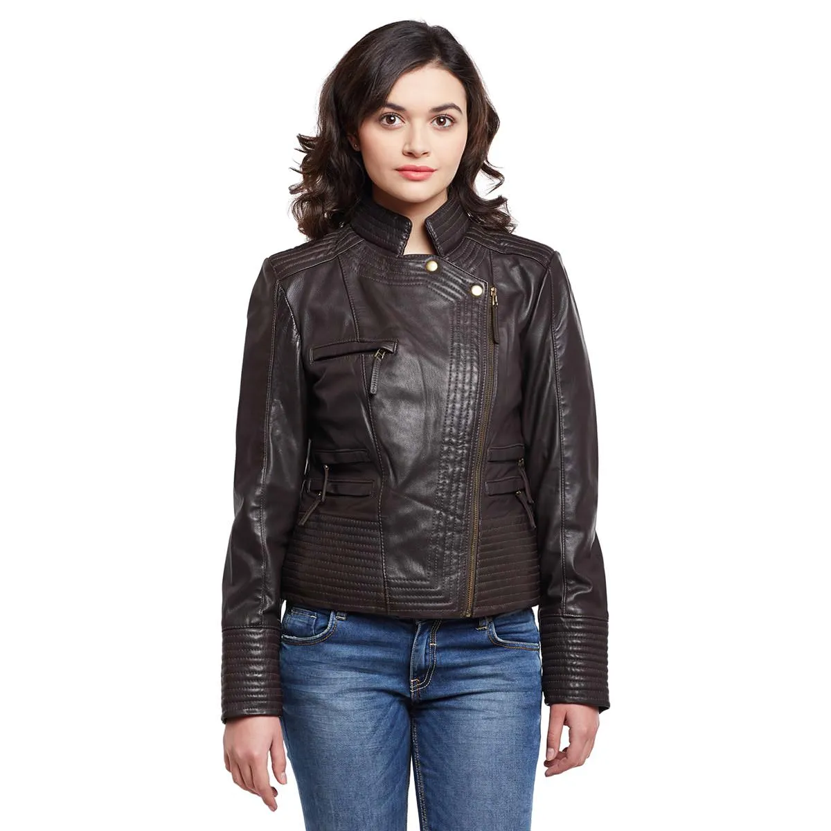 Brown Padded Details Sideways Zip Ladies Leather Jacket By Brune & Bareskin