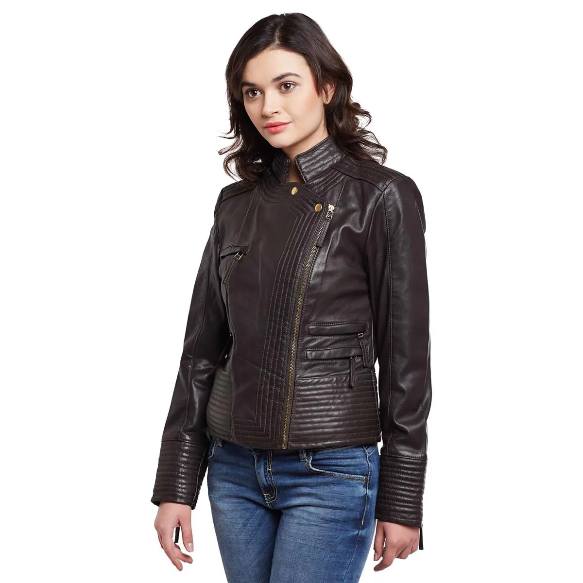 Brown Padded Details Sideways Zip Ladies Leather Jacket By Brune & Bareskin
