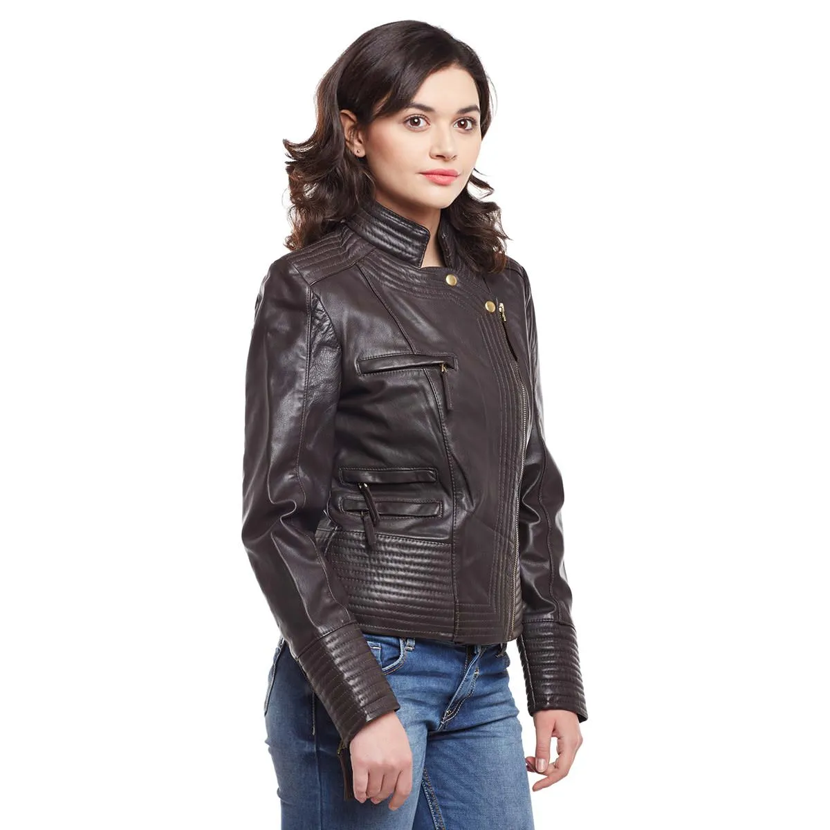 Brown Padded Details Sideways Zip Ladies Leather Jacket By Brune & Bareskin