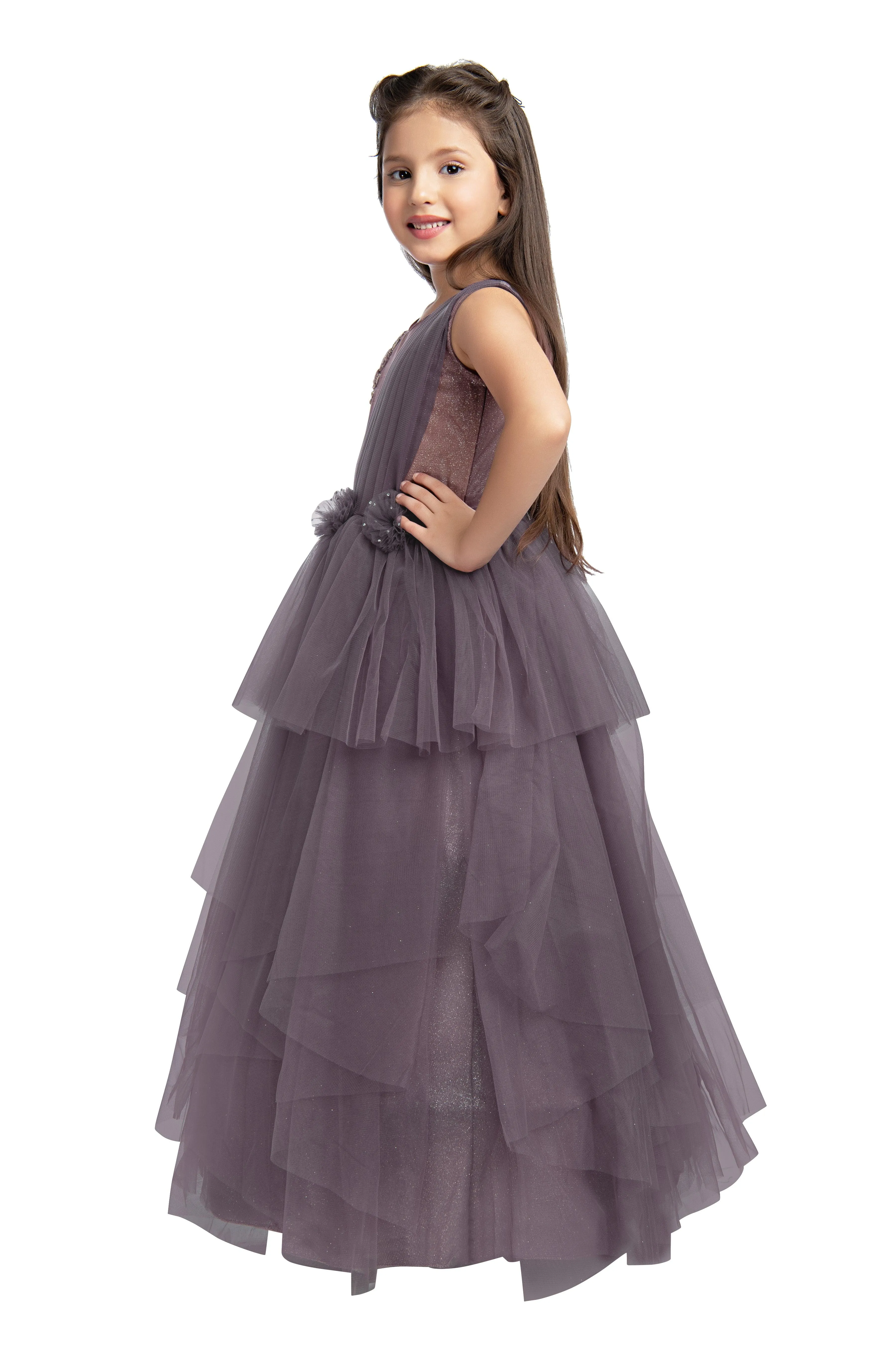 Burgundy Coloured Simple Imported Net Gown For Girls