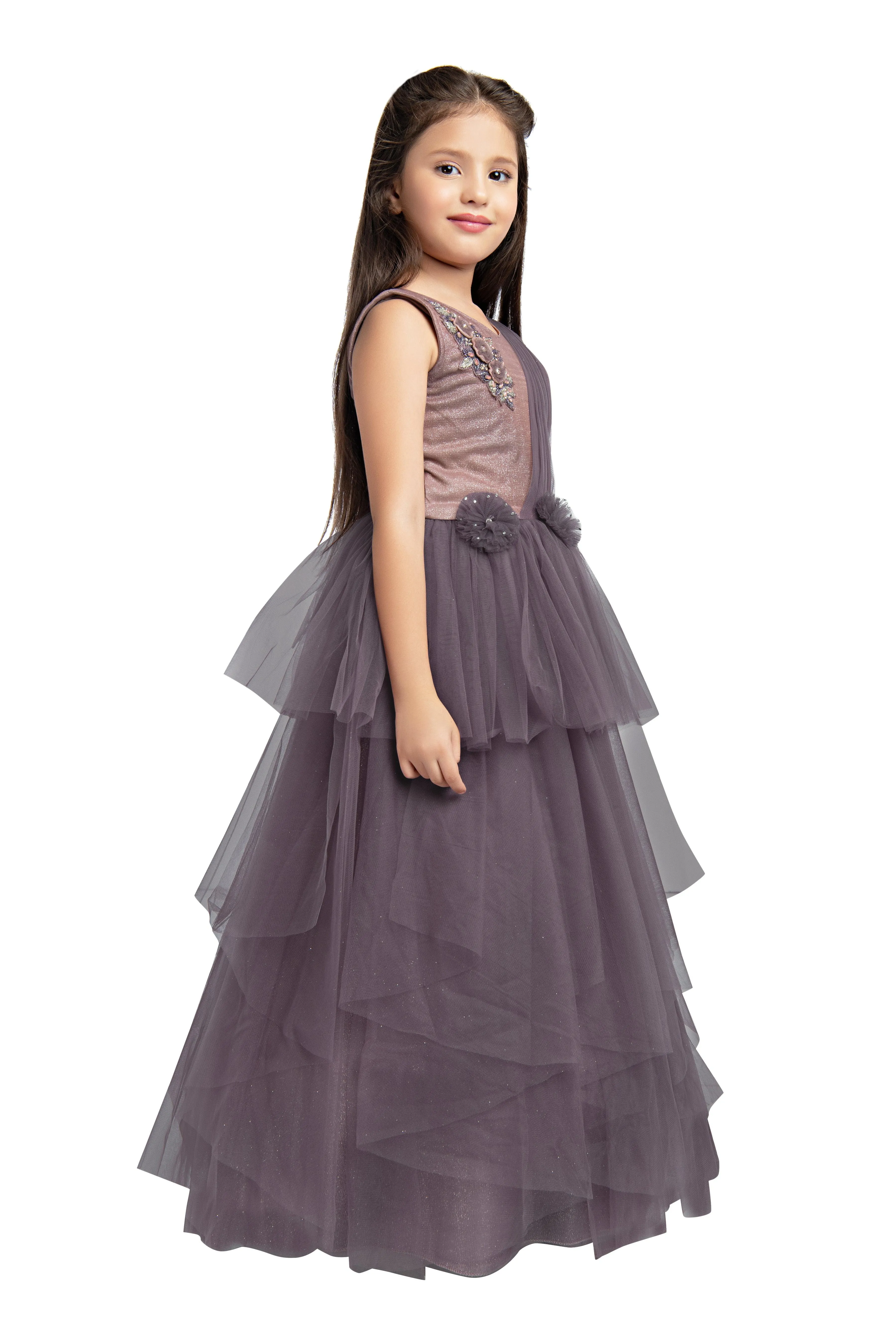 Burgundy Coloured Simple Imported Net Gown For Girls