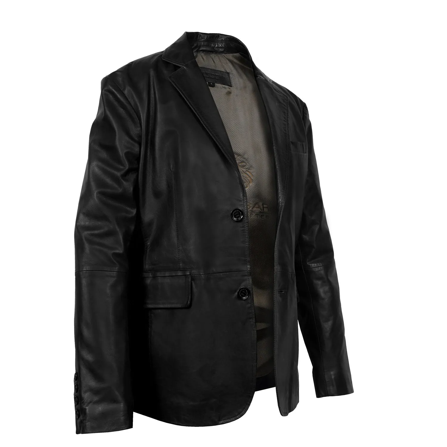 Button Style Formal Blazer in Black Genuine Leather