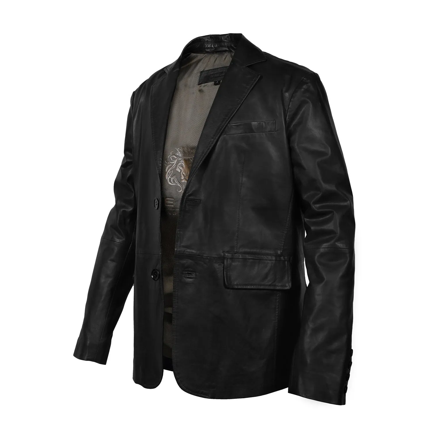 Button Style Formal Blazer in Black Genuine Leather