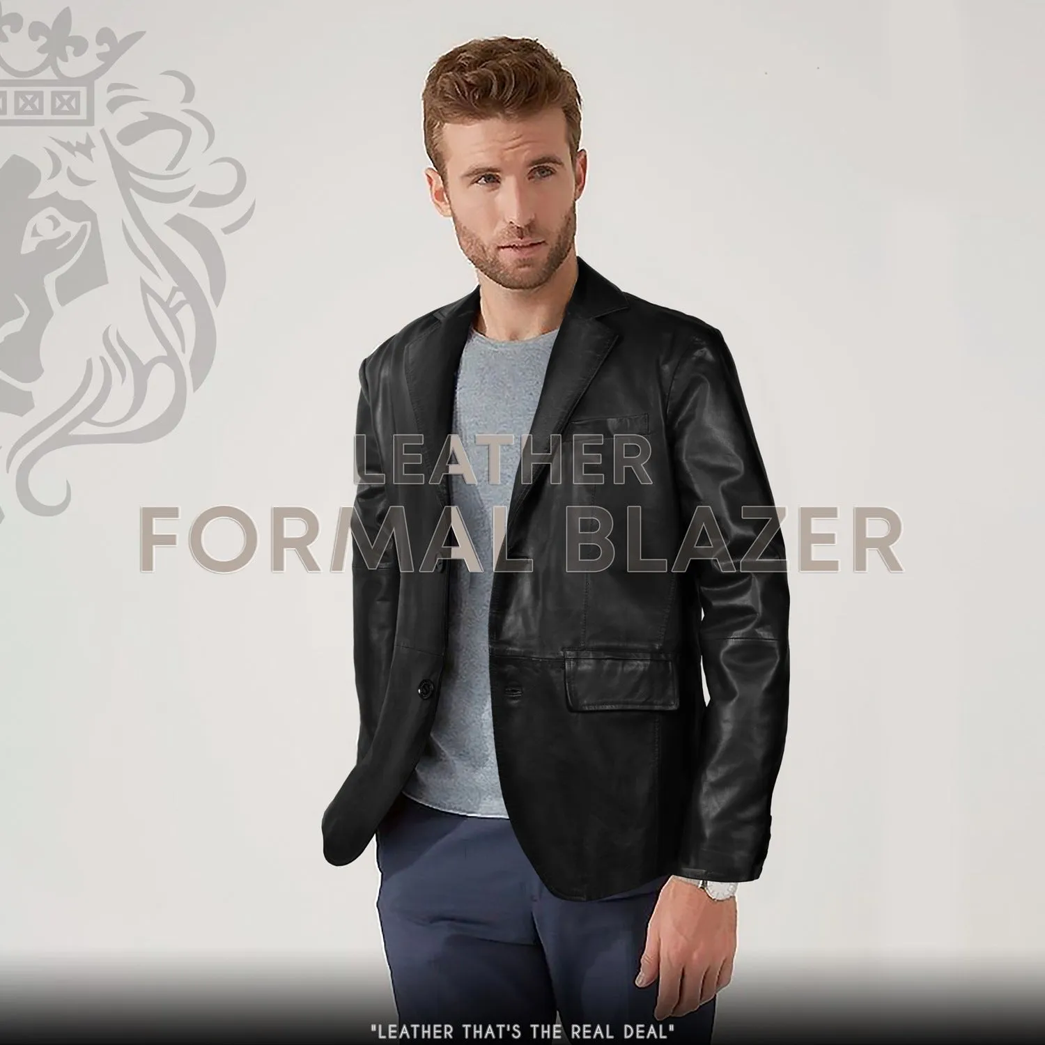 Button Style Formal Blazer in Black Genuine Leather