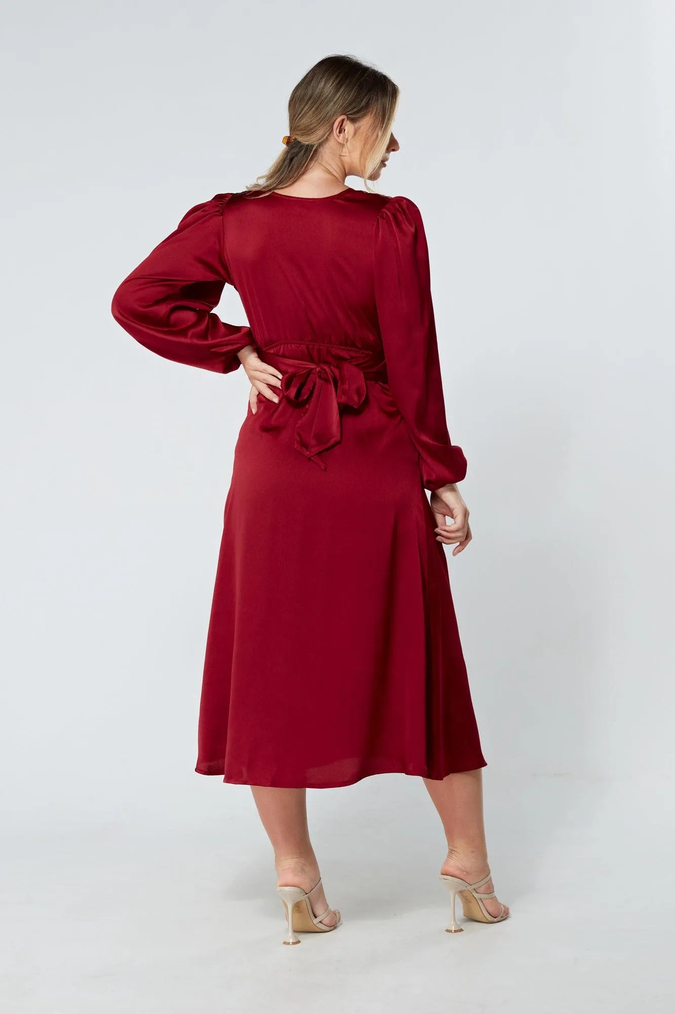 Calissa Deep Red Satin-feel Folded Body Midaxi Dress