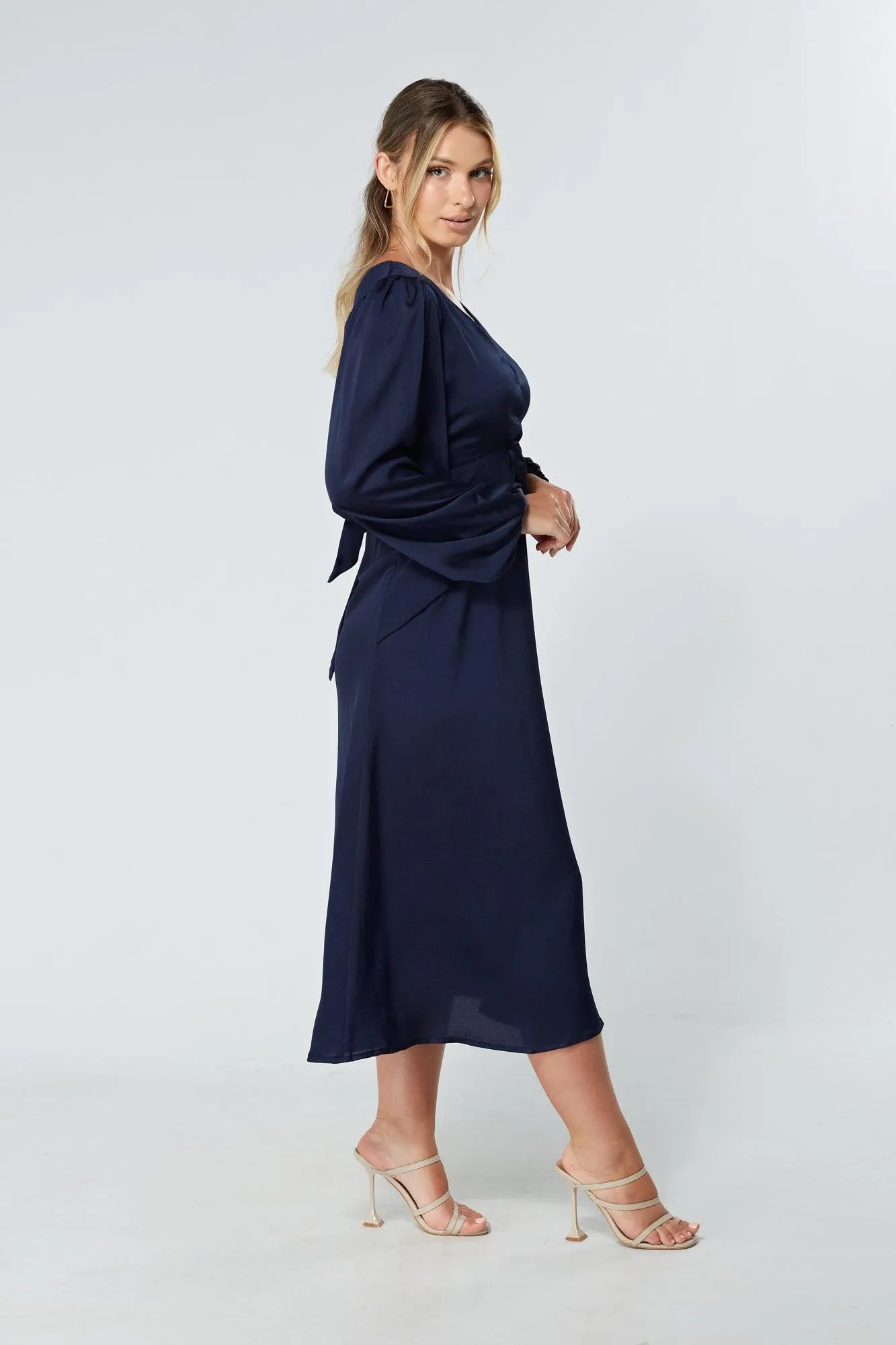 Calissa Navy Satin-feel Folded Body Midaxi Dress