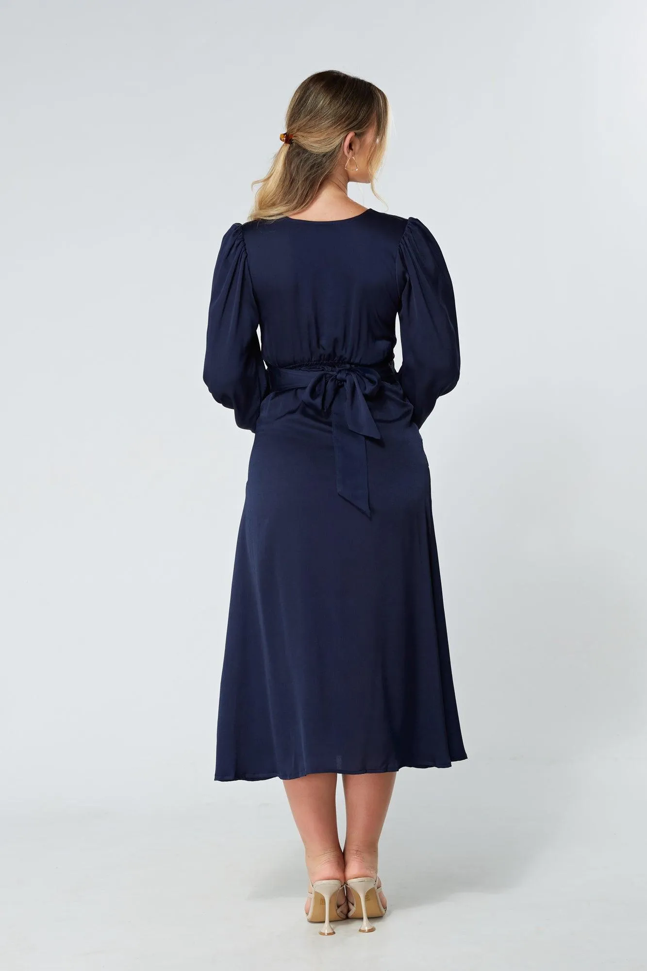 Calissa Navy Satin-feel Folded Body Midaxi Dress