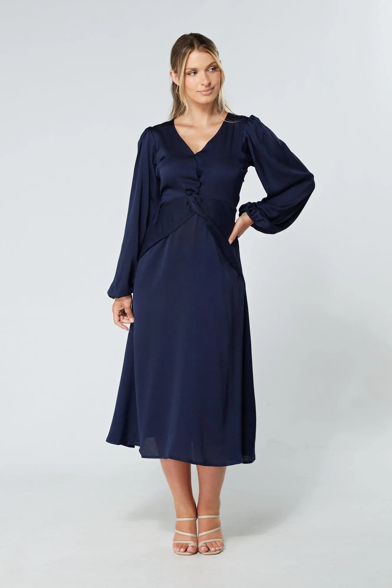 Calissa Navy Satin-feel Folded Body Midaxi Dress