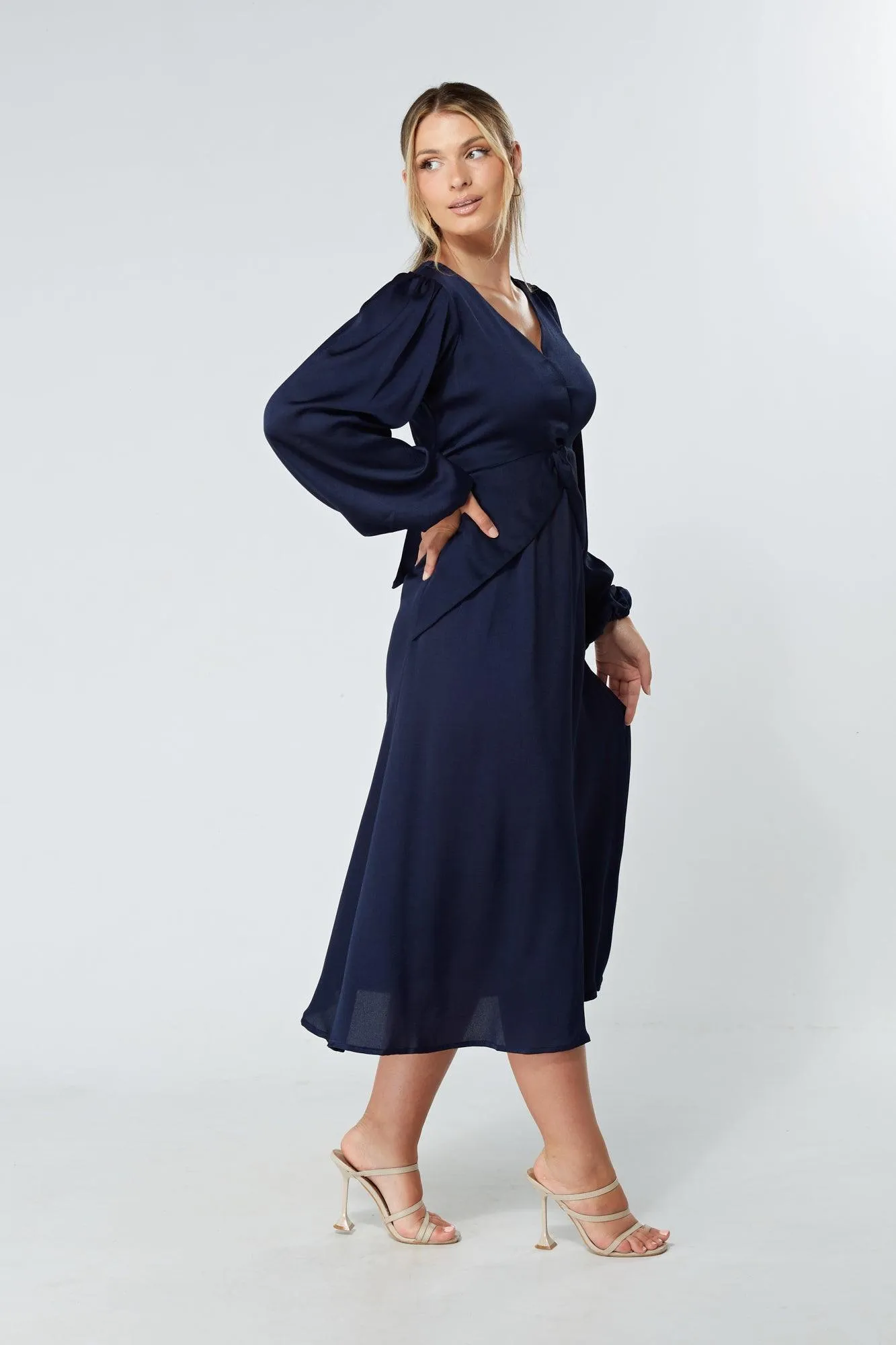 Calissa Navy Satin-feel Folded Body Midaxi Dress