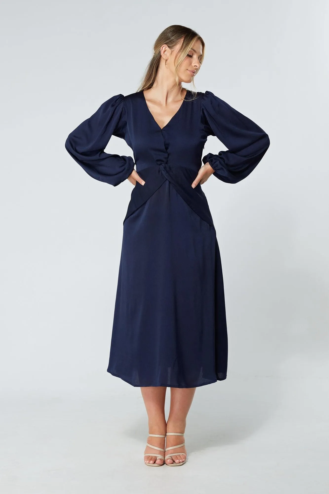Calissa Navy Satin-feel Folded Body Midaxi Dress