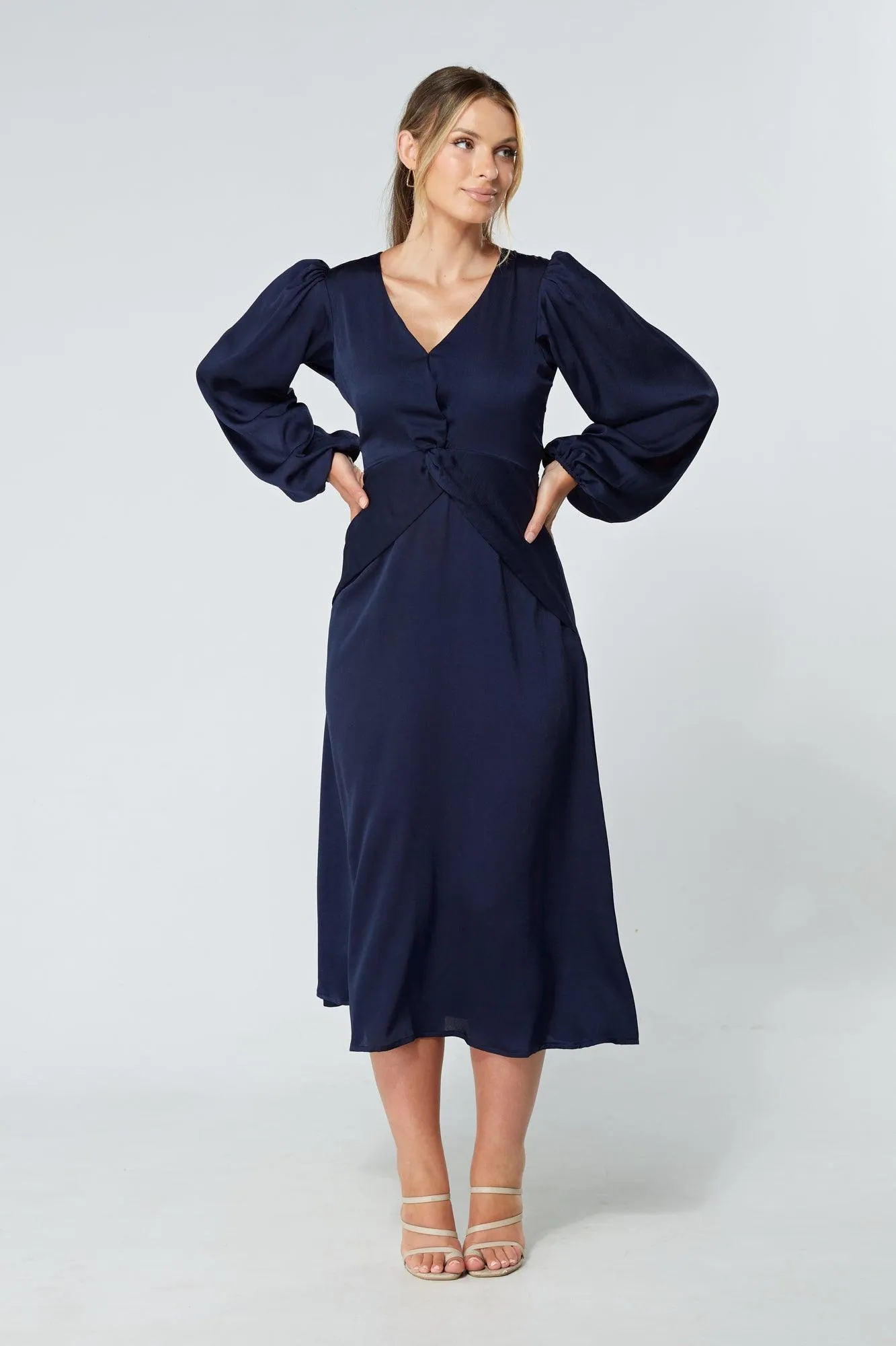 Calissa Navy Satin-feel Folded Body Midaxi Dress