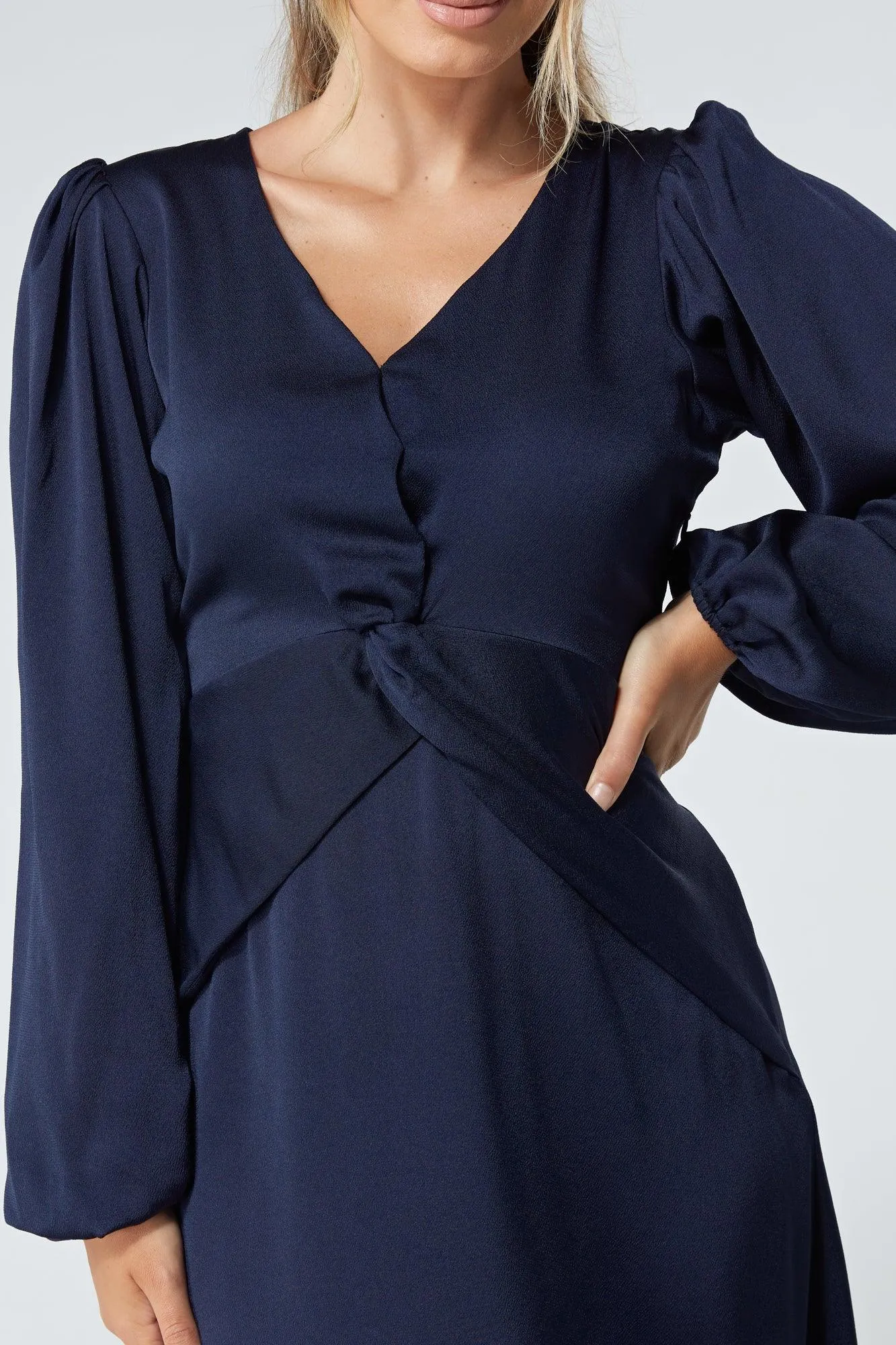 Calissa Navy Satin-feel Folded Body Midaxi Dress