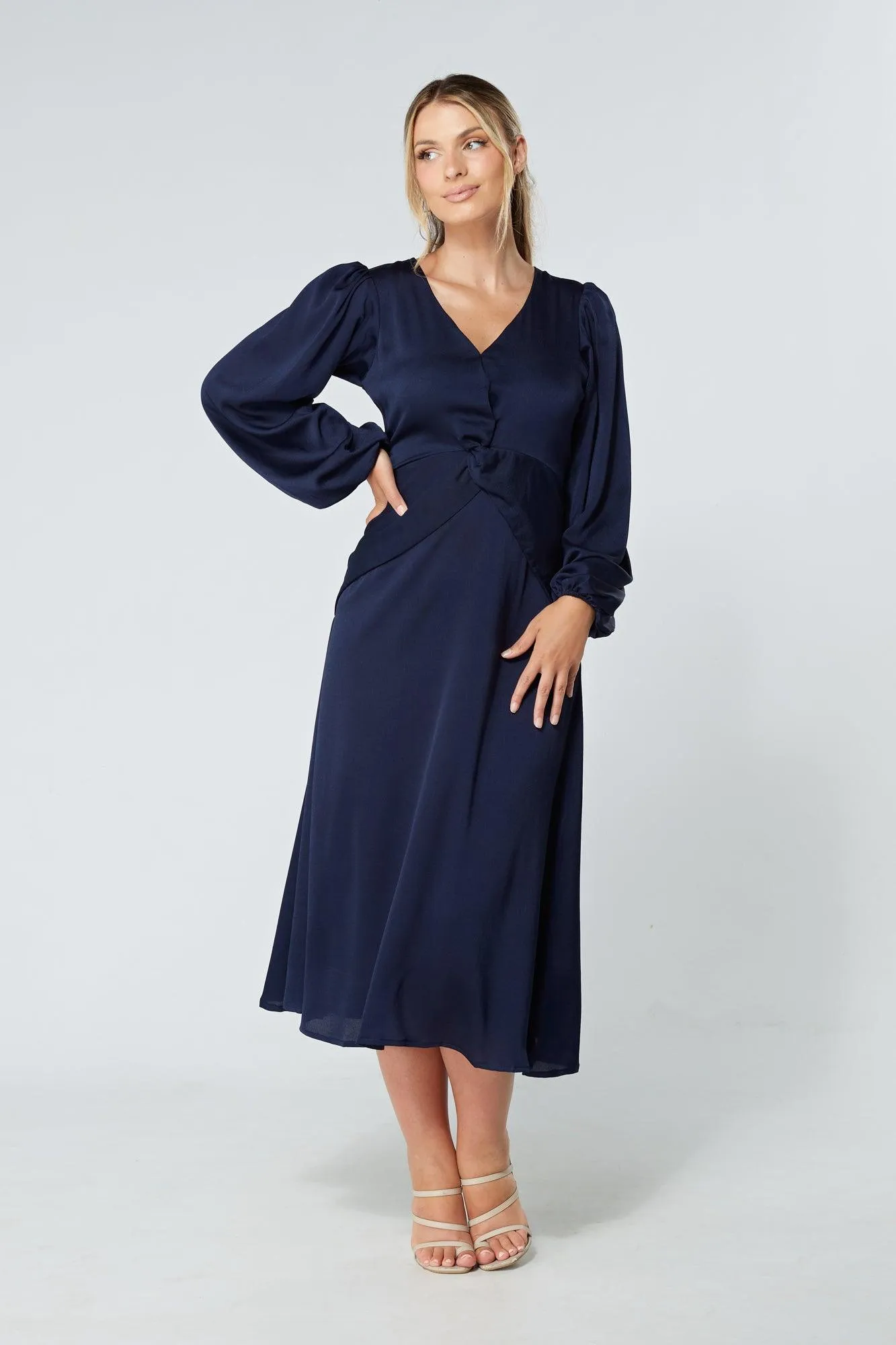 Calissa Navy Satin-feel Folded Body Midaxi Dress