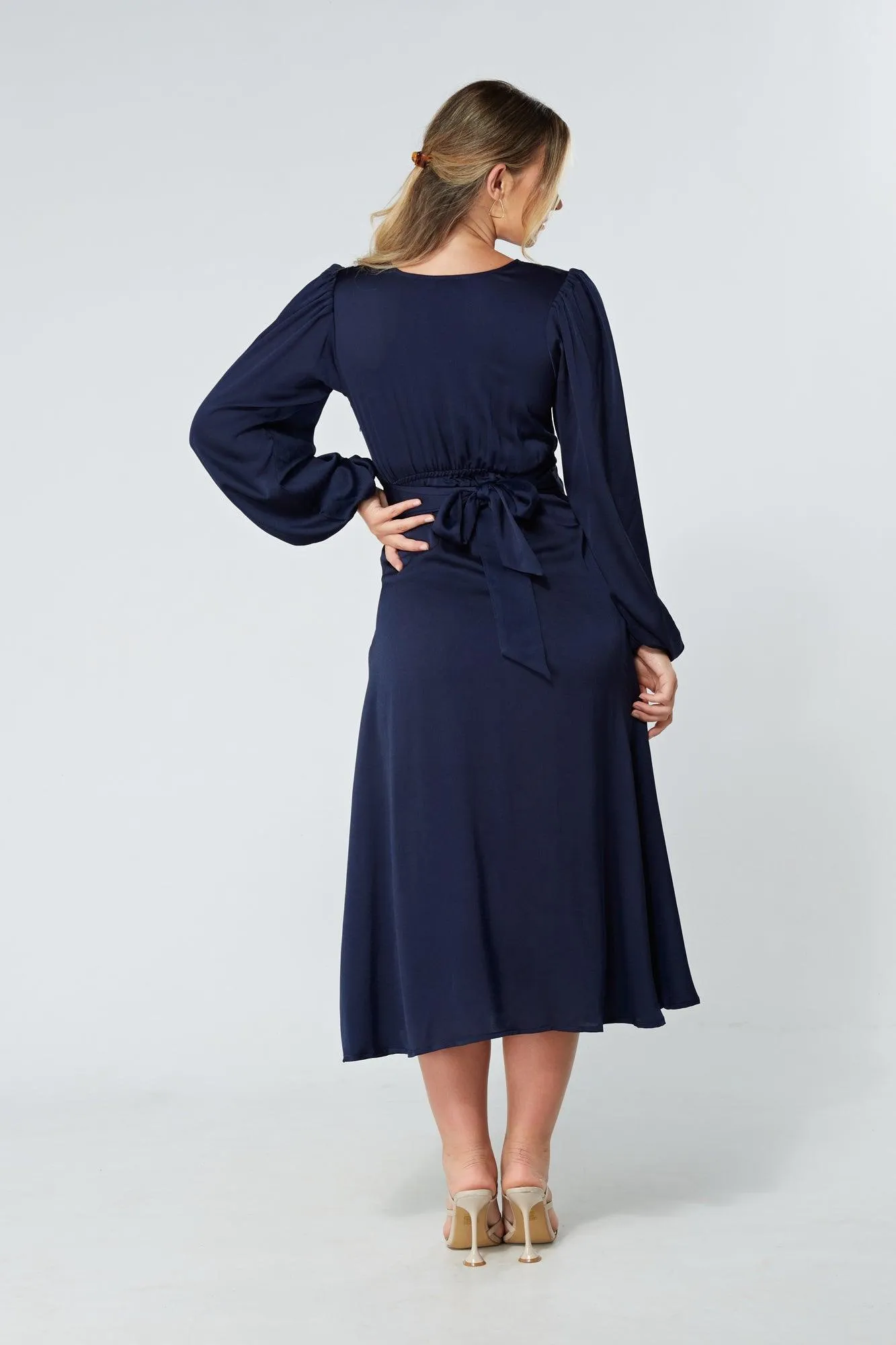 Calissa Navy Satin-feel Folded Body Midaxi Dress