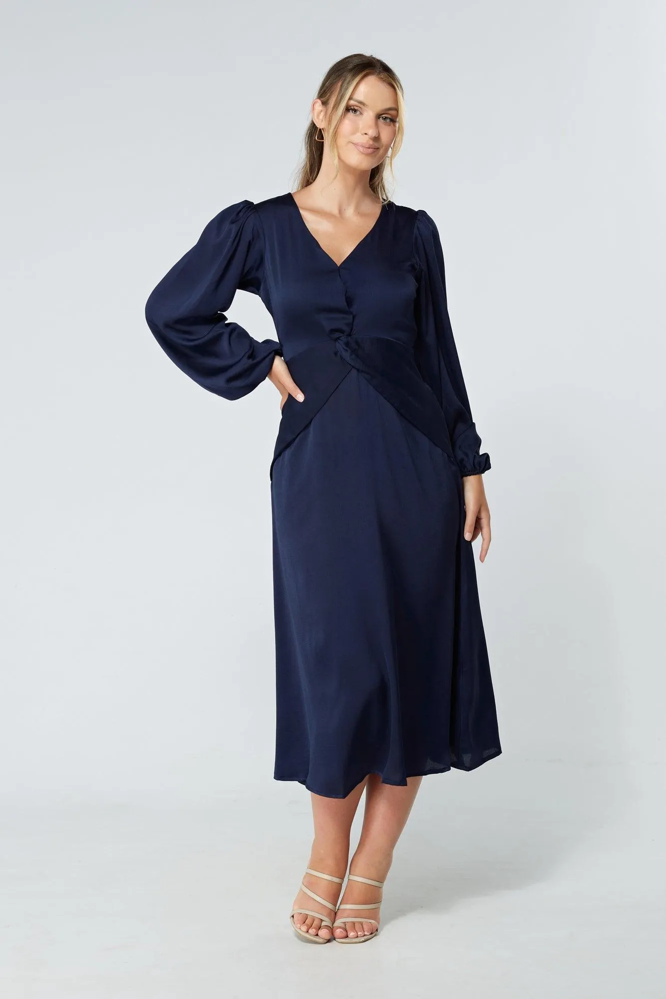 Calissa Navy Satin-feel Folded Body Midaxi Dress