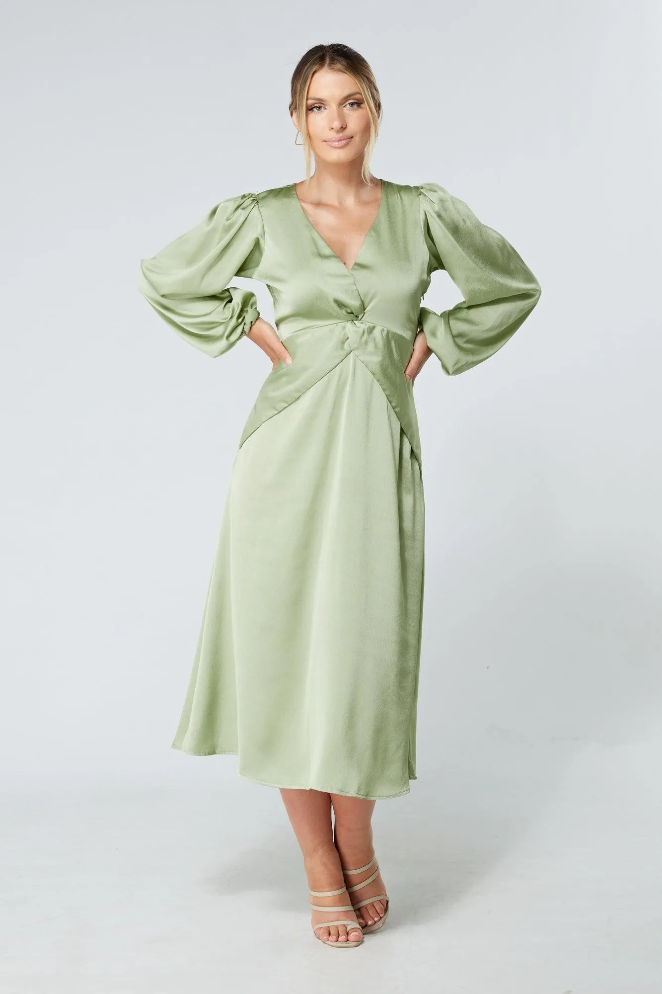 Calissa Olive Satin-feel Folded Body Midaxi Dress