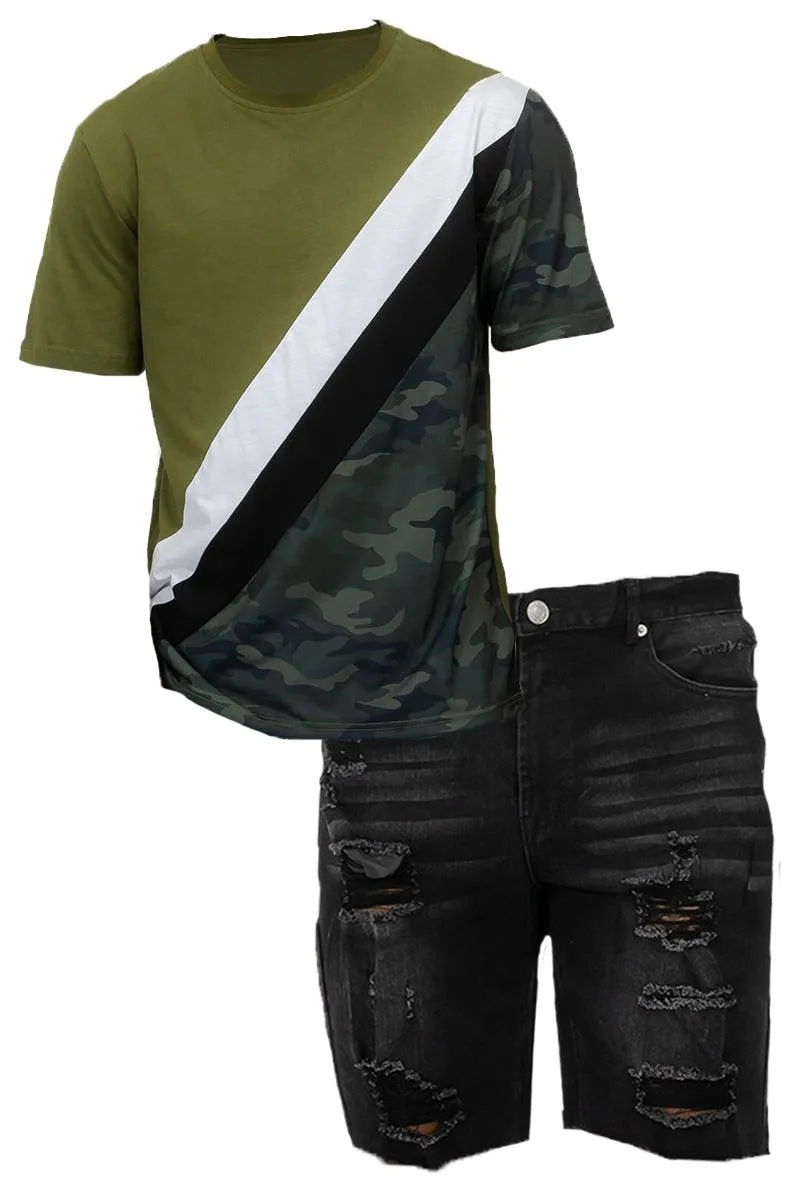Camo Color Block and Black Denim Jean Short Set