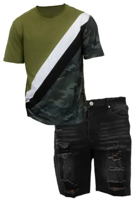 Camo Color Block and Black Denim Jean Short Set